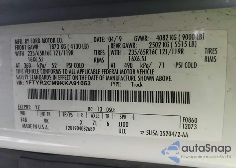 2019 Ford Transit-250 z USA, uszkodzony, nr VIN 1FTYR2CM9KKA91053